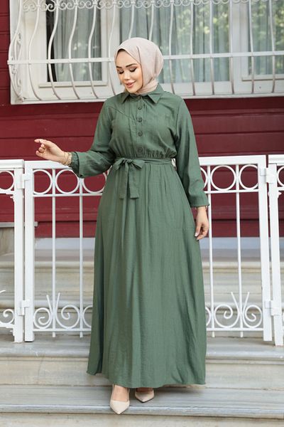 N.S NEVA STYLE Khaki Hijab Dress with Belt 7238Hk