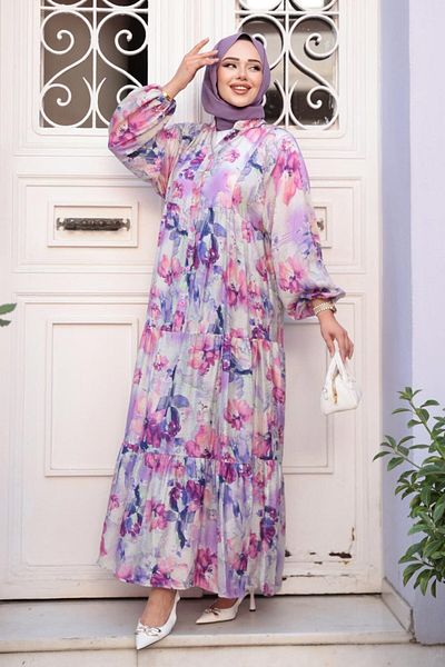N.S NEVA STYLE Patterned Lilac Hijab Dress 710508Lila