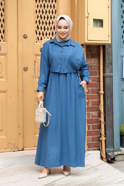 N.S NEVA STYLE Indigo Blue Hijab Dress with Sweater Detail 7253Im
