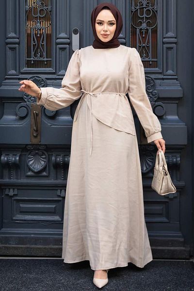 N.S NEVA STYLE Asymmetric Detailed Beige Hijab Dress 19042Bej