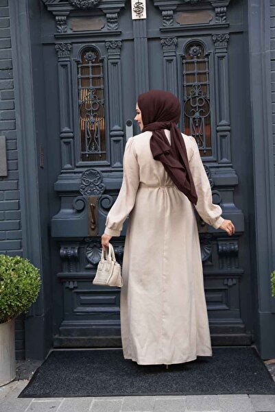 N.S NEVA STYLE Asymmetric Detailed Beige Hijab Dress 19042Bej