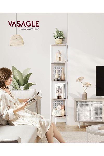 VASAGLE Boho Corner Shelf, Metal Frame, MDF Shelves and Poly Rattan Panels, 32x32x156cm, White