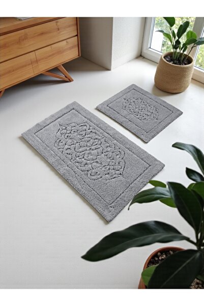 Hülya Home طقم سجادة حمام قطن كوتونيكي (60x100)(50x60) رمادي