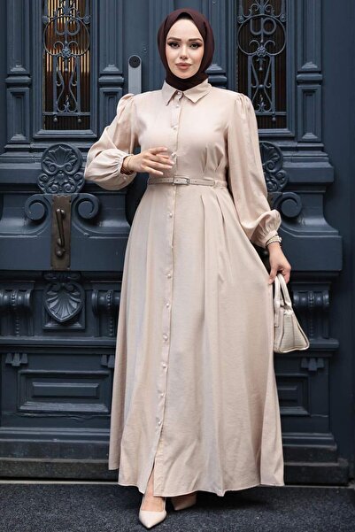 N.S NEVA STYLE Μπεζ Φόρεμα Με Κουμπί 19044BEJ