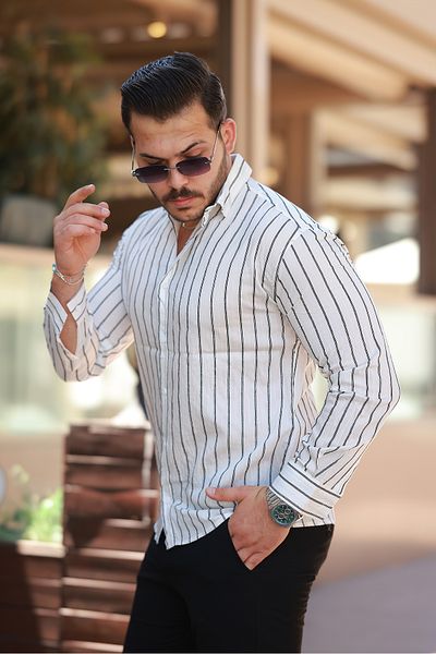 COMBİNE MİCHAİL Men's Casual Striped Summer White Loose Shirt