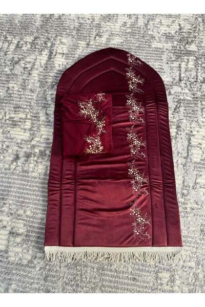 Gerenic طقم سجاد صلاة مع شرشف مرد مطرز - عنابي