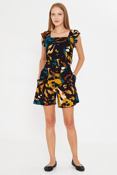 armonika Women's Mustard Short Jumpsuit with Ruffled Sleeves and Tie Back Pockets Arm-25Y001099