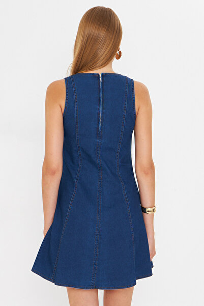 armonika Women's Navy Blue Body Fitting Denim Flared Dress Arm-25Y001088