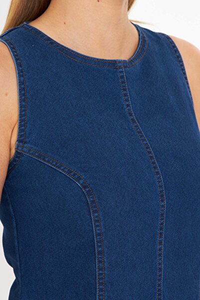 armonika Women's Navy Blue Body Fitting Denim Flared Dress Arm-25Y001088