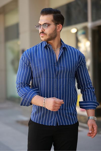 COMBİNE MİCHAİL Men's Casual Striped Summer Navy Loose Shirt