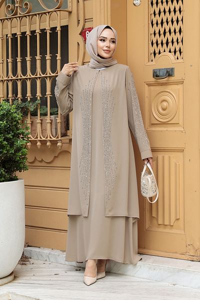 N.S NEVA STYLE Beaded Beige Hijab Abaya 29132Bej