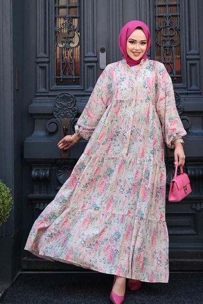 N.S NEVA STYLE Patterned Powder Hijab Dress 710511Pd