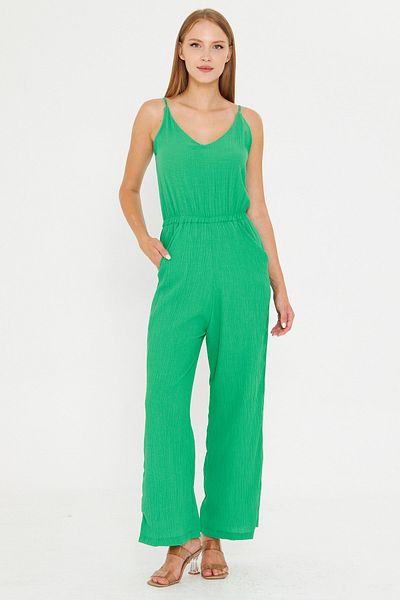 armonika Women's Light Green Front Back V Neck Strap Elastic Waist Pocket Lined Jumpsuit Arm-24Y001100