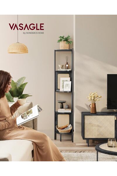 VASAGLE Boho Corner Shelf, Metal Frame, MDF Shelves and Poly Rattan Panels, 32x32x156cm, Black