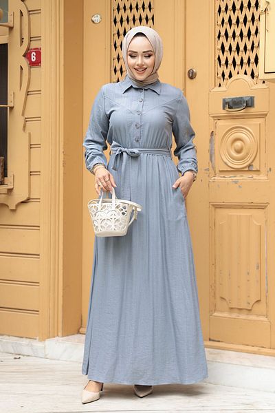 N.S NEVA STYLE Gray Hijab Dress with Belt 7238Gr