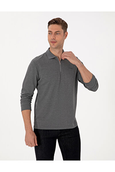Pierre Cardin Antrasit Melanj Slim Fit Kıvrılmaz Fermuarlı Polo Yaka Basic Pike Sweatshirt 50314046-VR081
