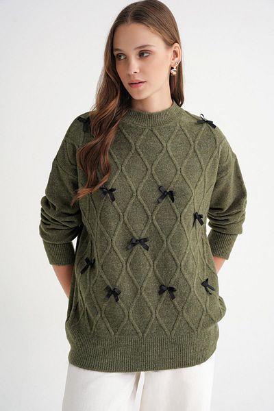 Mixray 6946 Women's Oversize Crew Neck Ribbon Knitwear Sweater Khaki