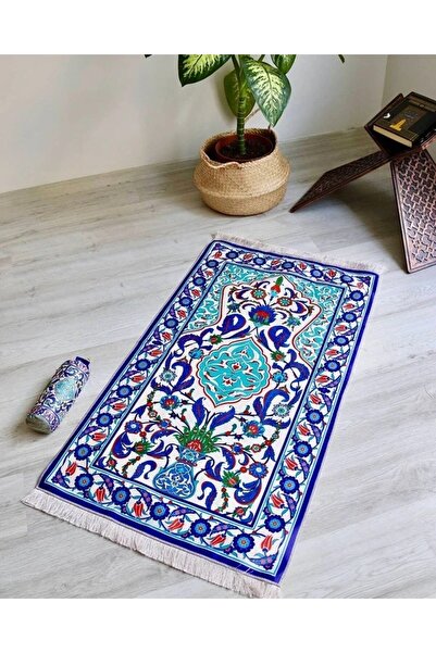 Bilenler Marbled Patterned Silk Textured Pockets Prayer Rug Blue