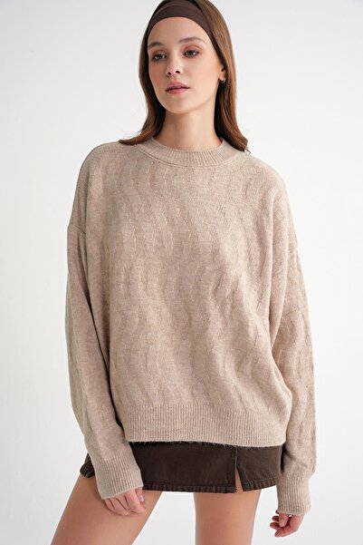 Mixray 6947 Women's Self Patterned Oversize Knitwear Sweater Beige