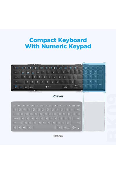 iClever لوحة مفاتيح قابلة للطي مع لوحة أرقام BK09 لوحة مفاتيح لاسلكية محمولة للسفر والأعمال