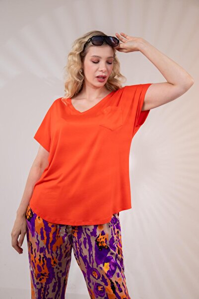 Roxxlen 1122457 Γυναικεία μπλούζα μεγάλου μεγέθους Beria με λαιμόκοψη σε σχήμα V, λουλούδι ρόδι