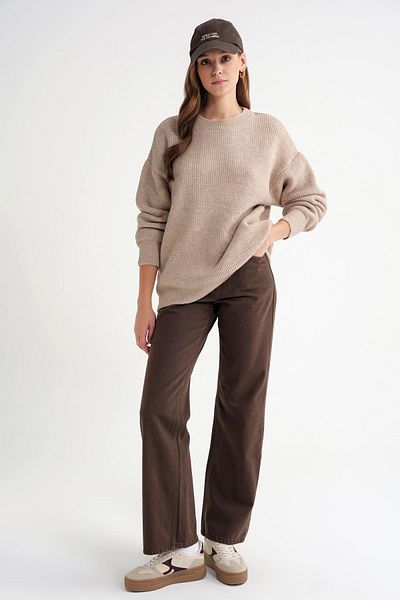 Mixray 6949 Women's Crew Neck Thin Knitted Sweater Beige