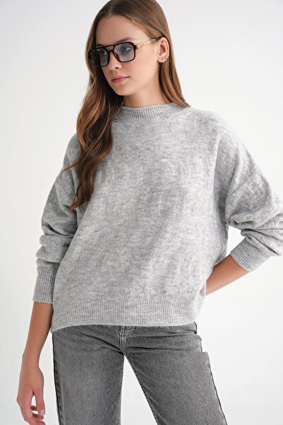 Mixray 6947 Women's Self Patterned Oversize Knitwear Sweater Gray