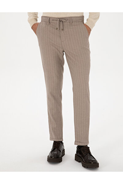 Pierre Cardin Bej Çizgili Carrot Fit Beli Lastikli Kordonlu Kanvas Pantolon 50310891-VR011