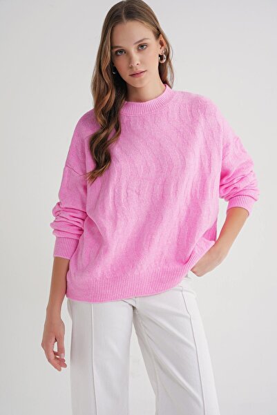Mixray 6947 Women's Self Patterned Oversize Knitwear Sweater Pink