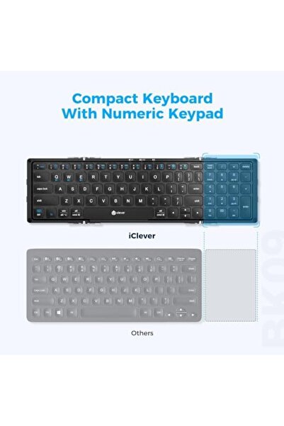 iClever لوحة مفاتيح قابلة للطي مع لوحة أرقام BK09 لوحة مفاتيح لاسلكية محمولة للسفر والأعمال