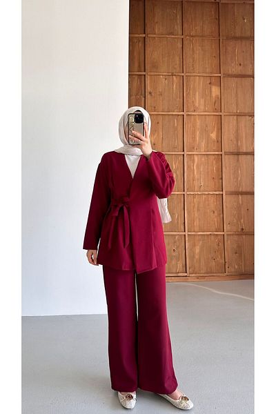 New Lune - Women's Clothing Beige Color Side Tie Detailed Suit Hijab Double Suit Bottom Top Suit