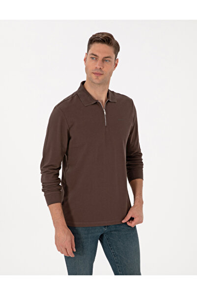 Pierre Cardin Koyu Kahverengi Slim Fit Kıvrılmaz Fermuarlı Polo Yaka Basic Pike Sweatshirt 50314046-VR084