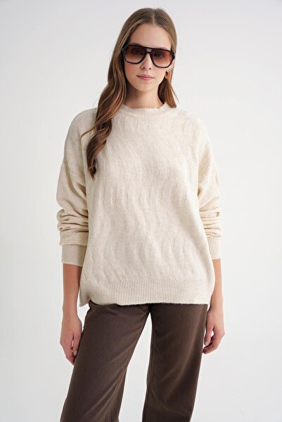 Mixray 6947 Women's Self Patterned Oversize Knitwear Sweater Natural