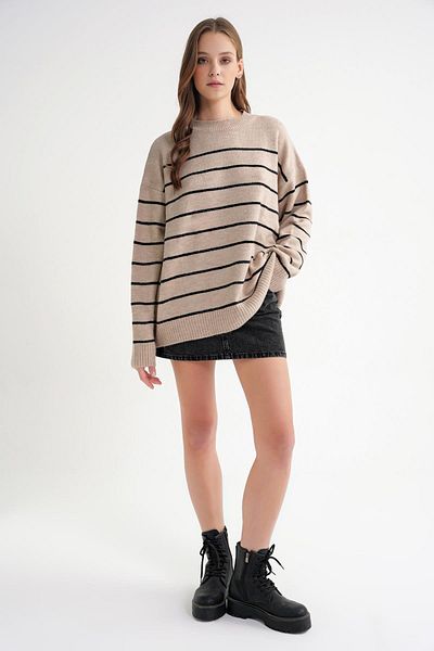 Mixray 6944 Women's Loose Soft Textured Striped Knitwear Sweater Beige