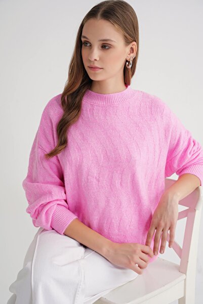 Mixray 6947 Women's Self Patterned Oversize Knitwear Sweater Pink