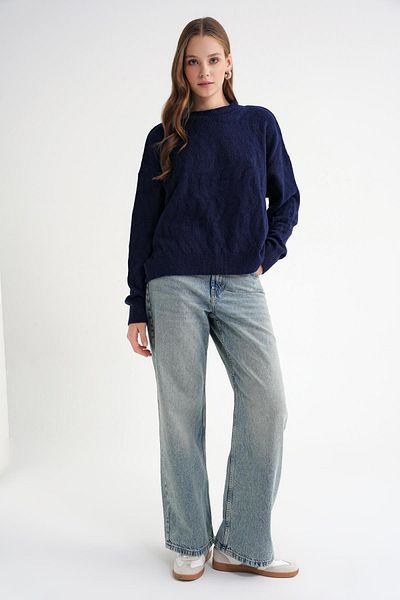 Mixray 6947 Women's Self Patterned Oversize Knitwear Sweater Navy Blue