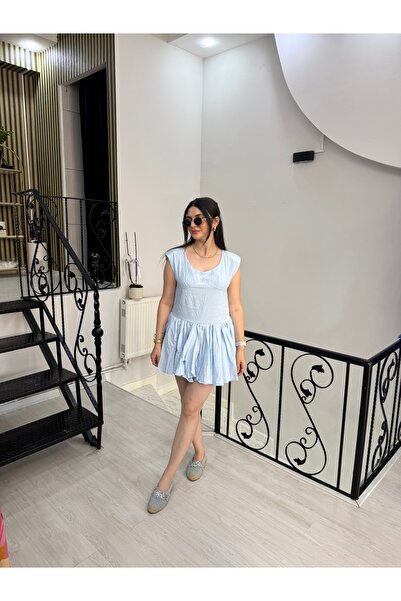 Butik Mavi korse görünümlü pileli mini elbise