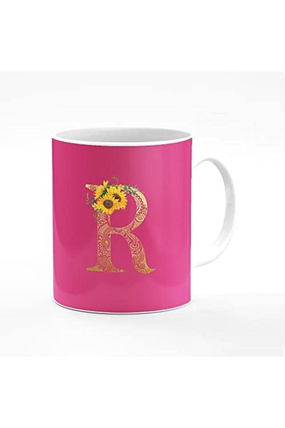 Stylizedd Stylized Ceramic Coffee Mug with Flowers Initial Design - R (Dark Pink)
