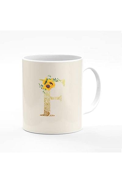 Stylizedd Stylized Coffee Mug - Personalized Ceramic 11 oz Mug - Initial F Design in Blooms Pattern - Biscuit