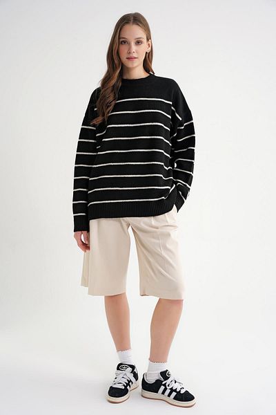 Mixray 6944 Women's Loose Soft Textured Striped Knitwear Sweater Black