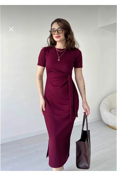 MYCPARL Burgundy Side Tie Midi Dress