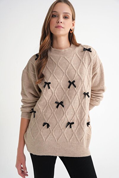 Mixray 6946 Women's Oversize Crew Neck Ribbon Knitwear Sweater Beige