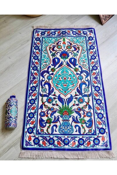Bilenler Marbled Patterned Silk Textured Pockets Prayer Rug Blue