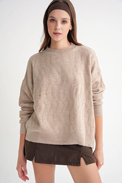 Mixray 6947 Women's Self Patterned Oversize Knitwear Sweater Beige
