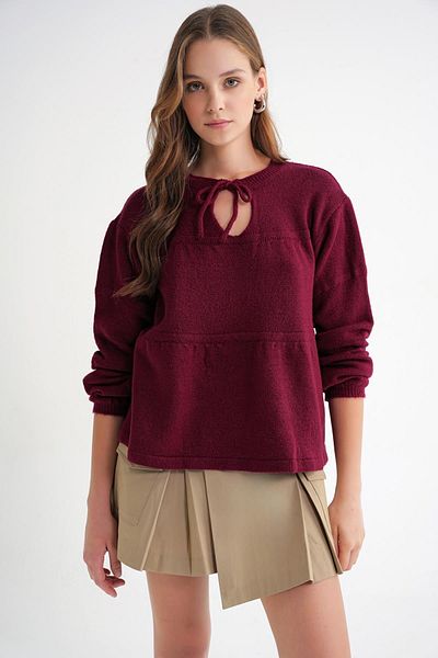 Mixray 6950 Women's Collar Lace-Up Pleated Knitwear Sweater Claret Red