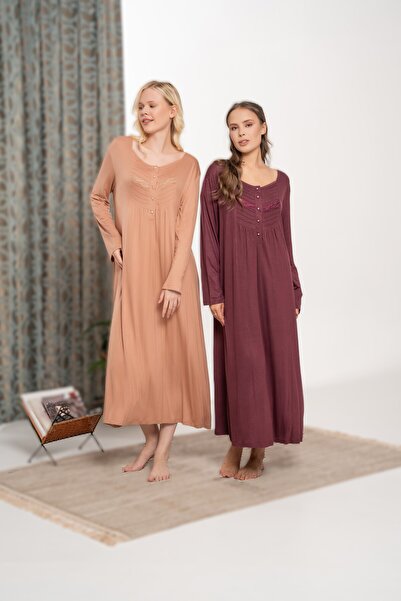 Pelin Women's Battal (Large Size) Lace Detailed Patched Lycra Nightdress