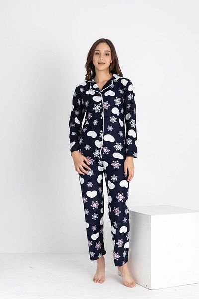 ALİŞ KİDS Women's Cotton Suede Fabric Navy Blue Snowflake Heart Patterned Shirt Collar Buttoned Pajama Set