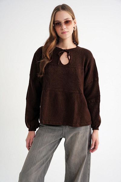Mixray 6950 Women's Collar Lace-Up Pleated Sweater Brown
