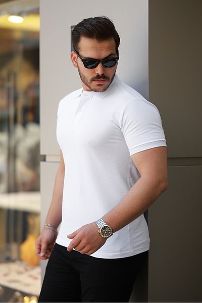 COMBİNE MİCHAİL Men's Basic Short Sleeve White Polo Neck T-Shirt