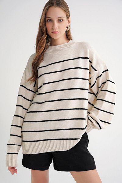Mixray 6944 Women's Loose Soft Textured Striped Knitwear Sweater Natural